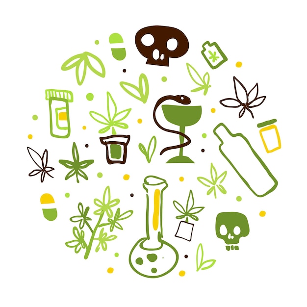 Banner de cannabis médico con productos de cáñamo en forma circular Ilustración vectorial de patrón sin costuras