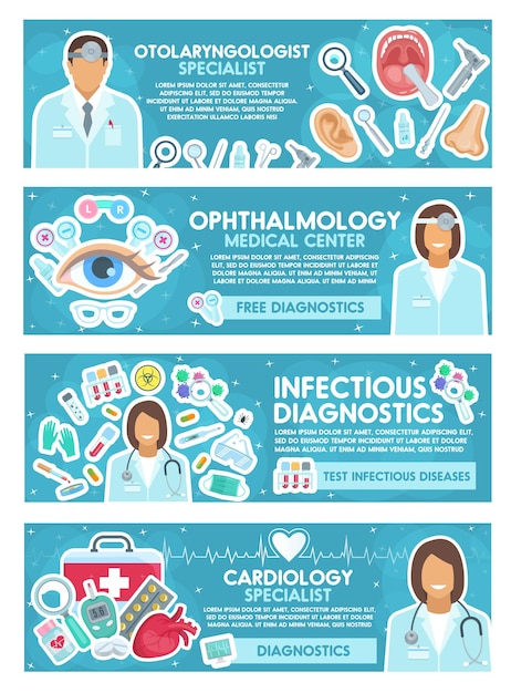 Vector banner de cardiología otorrinolaringología y medicina infecciosa