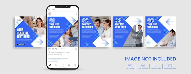 Vector banner de carrusel de instagram para marketing empresarial y publicaciones en redes sociales con maqueta de teléfono inteligente