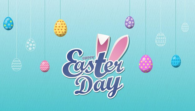 Banner de cartel del día de Pascua con Happy Easrter Day Typography Logo mnemotécnico y huevo de Pascua Clipart