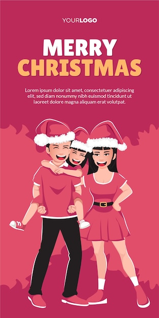 Banner de cartel de feliz navidad con gente de dibujos animados celebrando la navidad