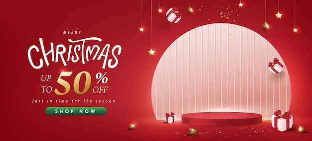 Banner de cartel de promoción de venta de feliz Navidad con exhibición de producto y fondo rojo de decoración festiva