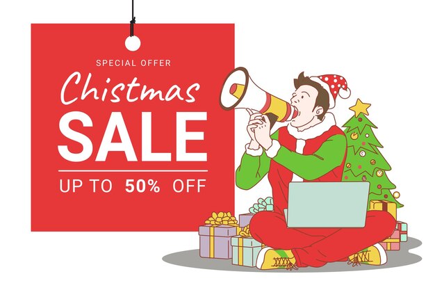 Banner de cartel de promoción de venta de feliz Navidad con modelo de personaje y venta de etiqueta roja.