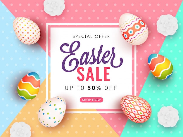 Banner de cartel de venta de Pascua con oferta de descuento del 50%