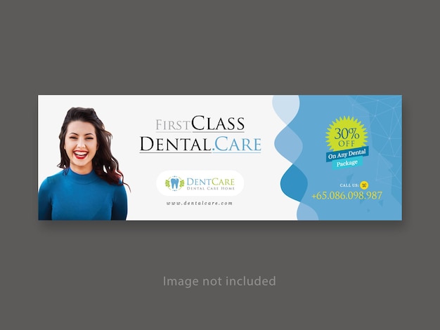 Banner de cartelera azul de atención dental con diseño de fondo abstracto