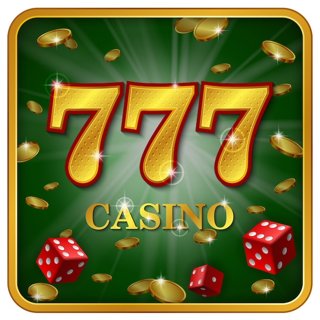 Banner de casino en línea 777, dos dados de juego de casino, monedas de oro, gran victoria, emoción, premio, placer