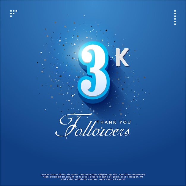 Banner de celebración de 3k seguidores con vector premium de diseño de números grandes y realistas