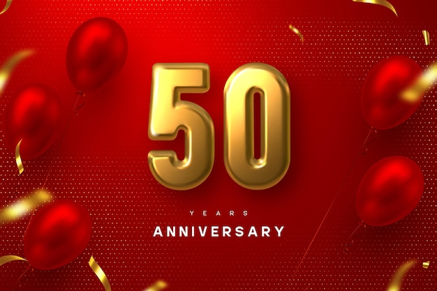 Banner de celebración de aniversario de 50 años. 3d metálico dorado número 50 y globos brillantes con confeti sobre fondo manchado de rojo.