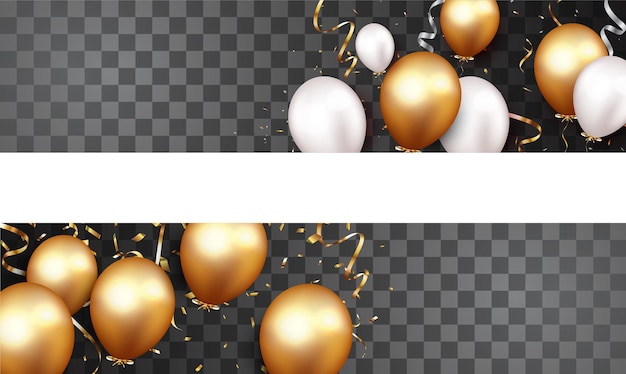 Banner de celebración con confeti dorado y globos aislados.