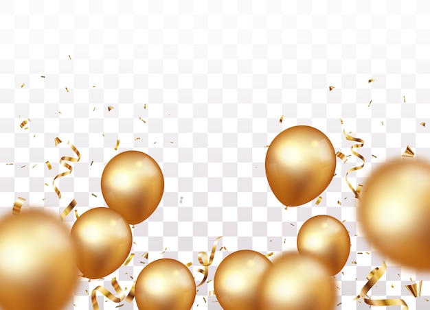 Vector banner de celebración con confeti dorado y globos.