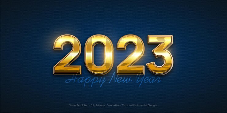 Vector banner de celebración de feliz año nuevo sobre fondo azul con número 3d de estilo dorado