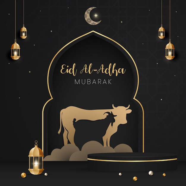 Banner de celebración feliz eid al adha mubarak con ilustración de efecto de corte de papel de vaca y cabra