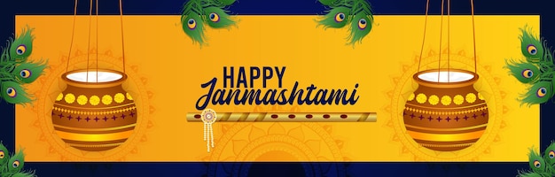Vector banner de celebración feliz krishna janmashtami con makhan mataki