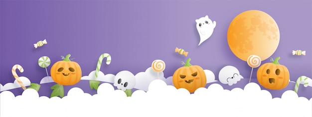 Banner de celebración de halloween con calabaza y fantasma.