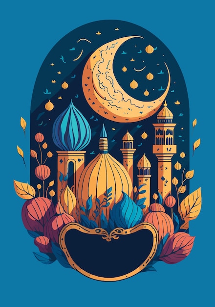 Vector banner de celebración de vacaciones islámicas diseñado con luna creciente e ilustración de mezquita