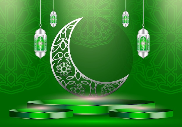 Banner de celebración de vacaciones islámicas diseñado con luna creciente e ilustración de mezquita