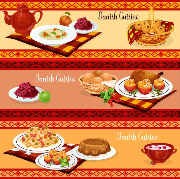 Vector banner de cena de cocina danesa de comida escandinava