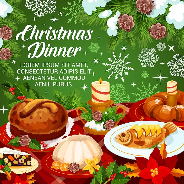 Vector banner de cena festiva de cocina de vacaciones de navidad