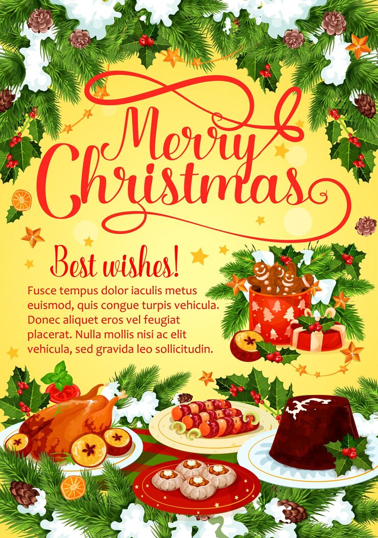Vector banner de cena de navidad con platos de cocina de navidad