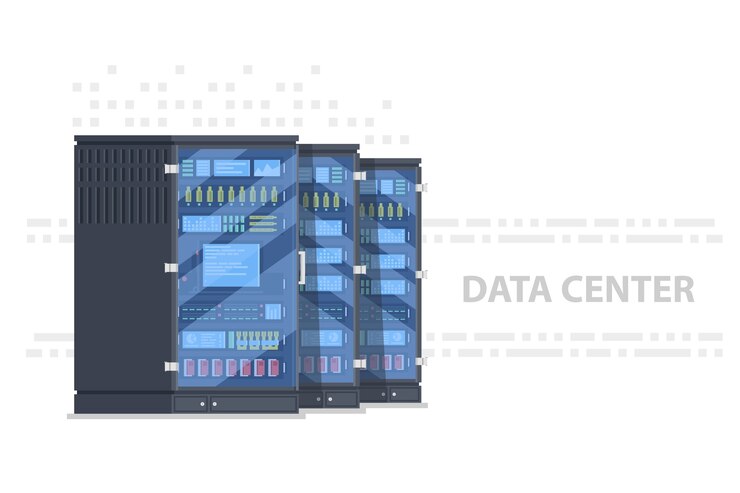 Vector banner del centro de datos con rack de servidor de árbol, sala de servidores