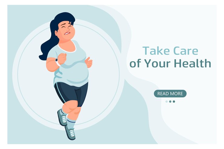 Vector banner chica regordeta en zapatillas de deporte va a correr deportes concepto moderno de atención médica