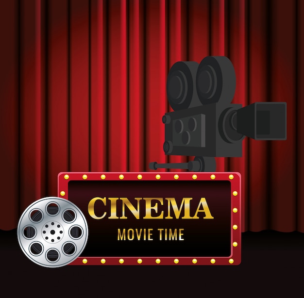 Vector banner de cine con rollo de película y cámara de cine