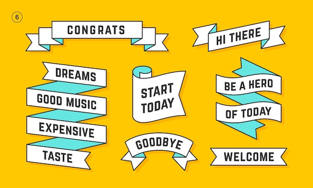 Banner de cinta. Conjunto de banner de cinta blanca con texto, frase. Cinta de silueta de la vieja escuela vintage aislada de color con texto, frase. Elementos gráficos para mensaje de diseño. Ilustración vectorial