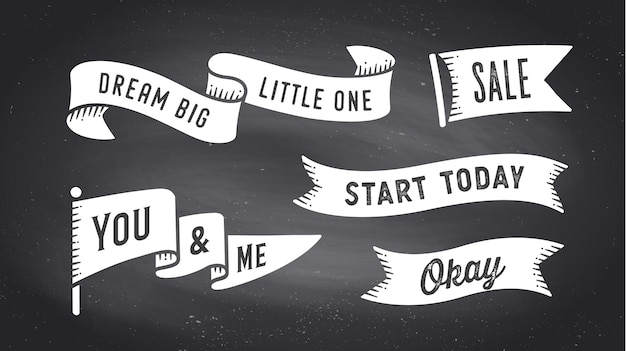 Banner de cinta. Conjunto de banner de cinta blanco y negro con texto, frase. Cinta blanca aislada de la silueta de la vieja escuela del vintage con la venta del texto, está bien, está bien, sueña en grande en la pizarra negra. Ilustración vectorial
