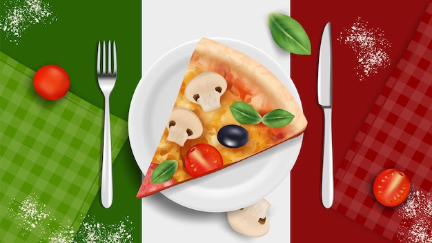 Banner de cocina italiana. Pizza en plato, cubiertos de tomates albahaca realistas. Comida sabrosa de la cocina de Italia, fondo del vector del café del restaurante. Ilustración bandera de tomate y queso italiano