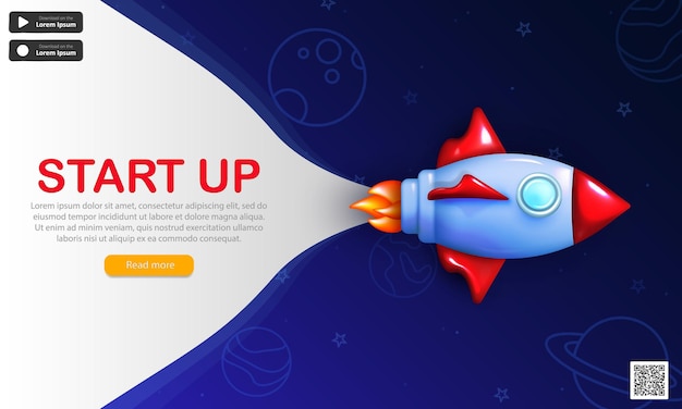 Banner con cohete de dibujos animados 3d volando en el espacio. Afiche de inicio con código qr, botones y nave espacial.