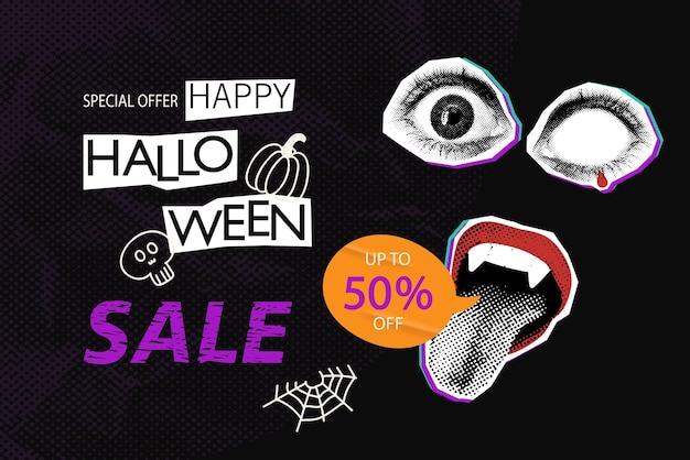 Banner de collage de semitonos de venta de Halloween con boca y ojos de vampiro Diseño moderno de medios mixtos