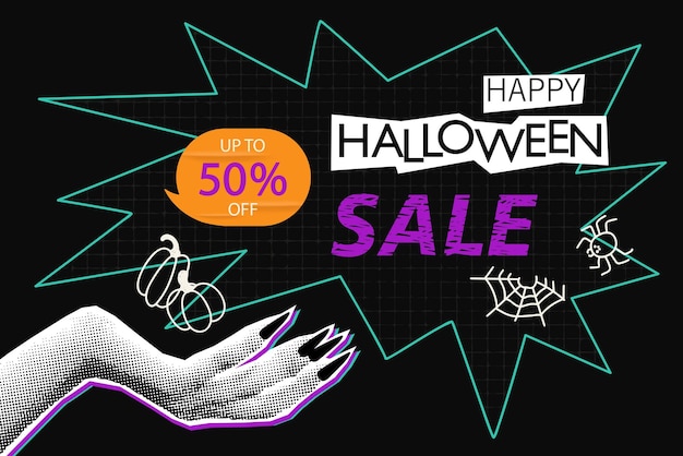 Banner de collage de semitonos de venta de Halloween con garabatos de mano de bruja y burbuja de habla Diseño moderno de medios mixtos Arte pop espeluznante elementos recortados Ilustración vectorial