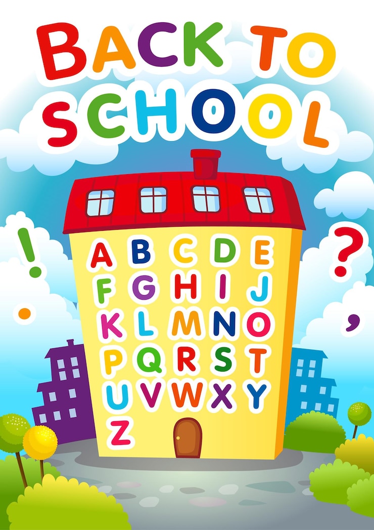 Vector banner de colores brillantes de regreso a la escuela. casa de estilo de dibujos animados y letras coloridas. abc creativo.