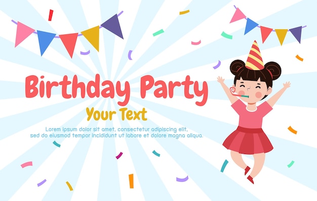 Vector banner colorido lindo de la plantilla de la tarjeta de la fiesta de cumpleaños, niños lindos y publicidad de la tarjeta del feliz cumpleaños