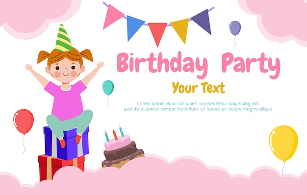 Vector banner colorido lindo de la plantilla de la tarjeta de la fiesta de cumpleaños, niños lindos y publicidad de la tarjeta del feliz cumpleaños