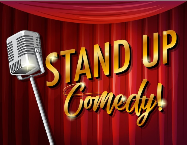 Banner de comedia de pie con micrófono vintage