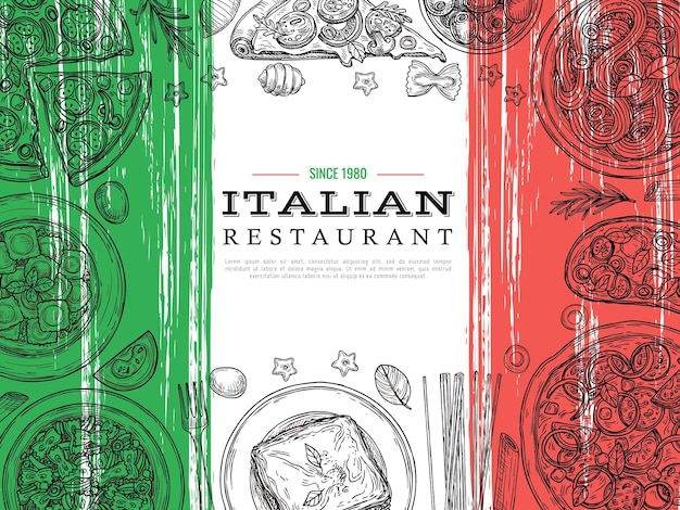 Banner de comida italiana Menú de restaurante verduras y bosquejo de espaguetis Cartel de almuerzo de cocina de Italia con diseño de vector de ravioli de pasta de pizza