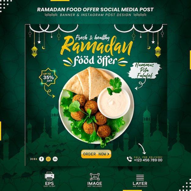 Banner de comida ramadan kareem y plantilla de vector premium de diseño de publicación en redes sociales