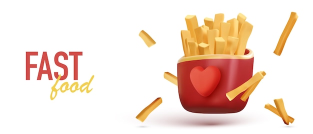 Vector banner de comida rápida con papas fritas 3d en el paquete de amor ilustración vectorial