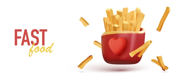 Banner de comida rápida con papas fritas 3d en el paquete de amor Ilustración vectorial