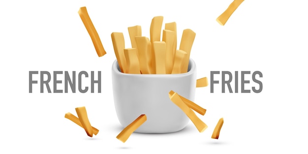 Banner de comida rápida con papas fritas realistas en 3d en paquete blanco sobre fondo blanco Ilustración vectorial