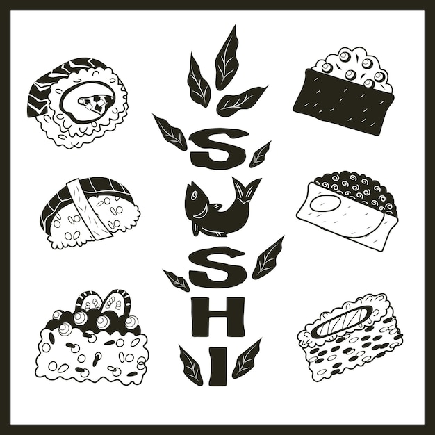 Vector banner de comida de sushi o plantilla de póster de tarjeta para restaurante japonés de sushi o bar dibujado a mano ilustración de vector gráfico en blanco y negro sobre fondo blanco