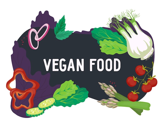 Banner de comida vegana con ilustración de vector plano de vegetales coloridos aislado