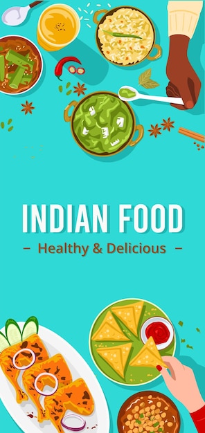 Vector banner de comida, vista superior de personas disfrutando juntos de la comida india.