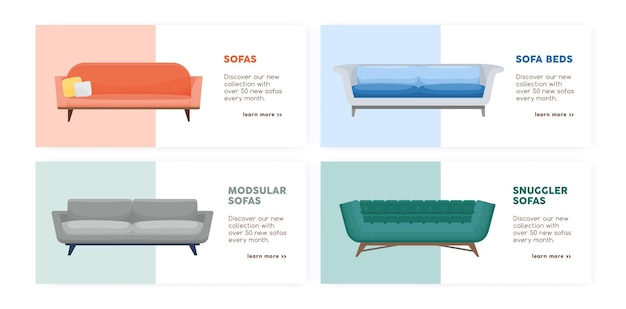 Banner de cómodos sofás modernos establece ilustración plana vectorial. Colección de folletos promocionales con lugar para texto. Muebles elegantes y cómodos de varios tipos. Publicidad web para tienda o tienda aislada.