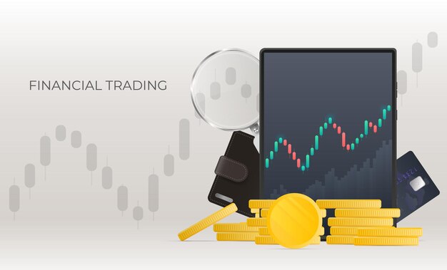 Banner de compras financieras. Tableta que muestra cotizaciones bursátiles, monedas de oro, tarjeta bancaria, moneda y lupa. Concepto de negociación de inversión en el mercado de valores. ilustración vectorial