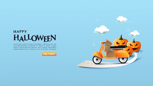 Banner de compras de halloween en línea con ilustraciones de motos y cajas de artículos.