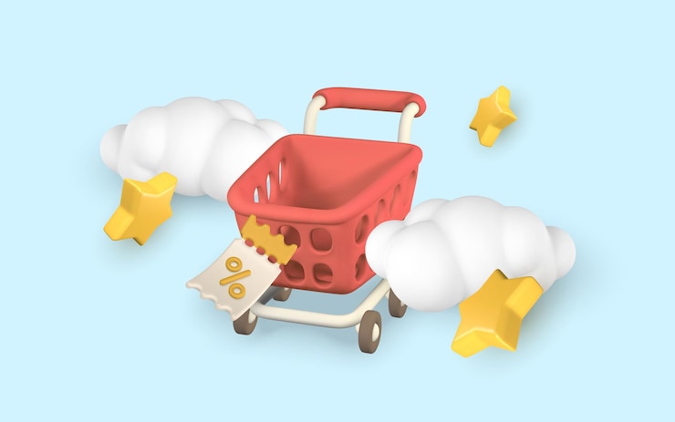 Vector banner de compras en línea 3d en estilo de dibujos animados nubes de carrito de compras estrella y cupón de descuento vector