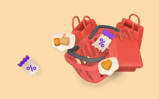 Banner de compras en línea Cesta de compras bolsa descuento promoción venta concepto de compras Vector