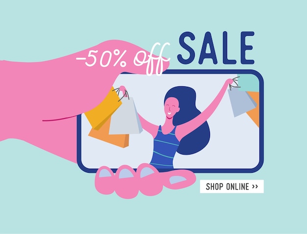 Banner de compras en línea, plantilla de aplicación móvil de venta de concepto con personaje de mujer, cartel de oferta especial, diseño plano de concepto de black friday